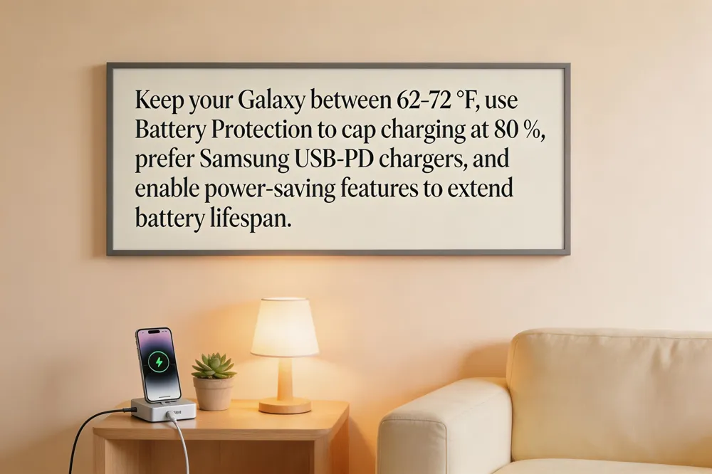 Keep your Galaxy between 62‑72 °F, use Battery Protection to cap charging at 80 %, prefer Samsung USB‑PD chargers, and enable power‑saving features to extend battery lifespan.