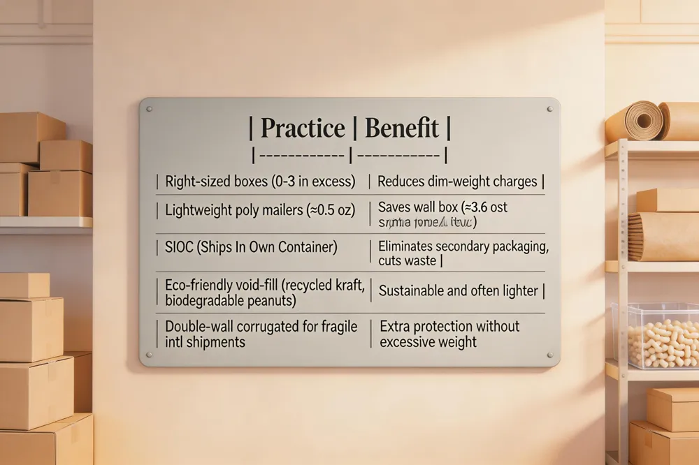 | Practice | Benefit |
|----------|---------|
| Right‑sized boxes (0‑3 in excess) | Reduces dim‑weight charges |
| Lightweight poly mailers (≈0.5 oz) vs. small box (≈3.6 oz) | Saves weight cost for light items |
| SIOC (Ships In Own Container) | Eliminates secondary packaging, cuts waste |
| Eco‑friendly void‑fill (recycled kraft, biodegradable peanuts) | Sustainable and often lighter |
| Double‑wall corrugated for fragile intl shipments | Extra protection without excessive weight |
