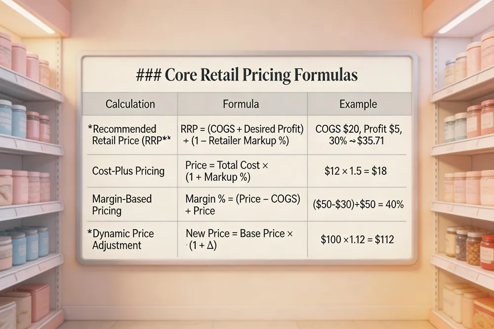 ### Core Retail Pricing Formulas
| Calculation | Formula | Example |
|---|---|---|
| Recommended Retail Price (RRP) | RRP = (COGS + Desired Profit) ÷ (1 – Retailer Markup %) |
COGS $20, Desired Profit $5, Markup 30% → RRP = ($20+$5) ÷ 0.70 ≈ $35.71 |
| Cost‑Plus Pricing | Price = Total Cost × (1 + Markup %) |
Total Cost $12, Markup 50% → Price = $12 × 1.5 = $18 |
| Margin‑Based Pricing | Margin % = (Price – COGS) ÷ Price |
Price $50, COGS $30 → Margin % = ($20 ÷ $50) = 40% |
| Dynamic Price Adjustment |
New Price = Base Price × (1 + Δ) where Δ is AI‑predicted elasticity factor. |
Base $100, Δ = +0.12 → New Price $112 |
