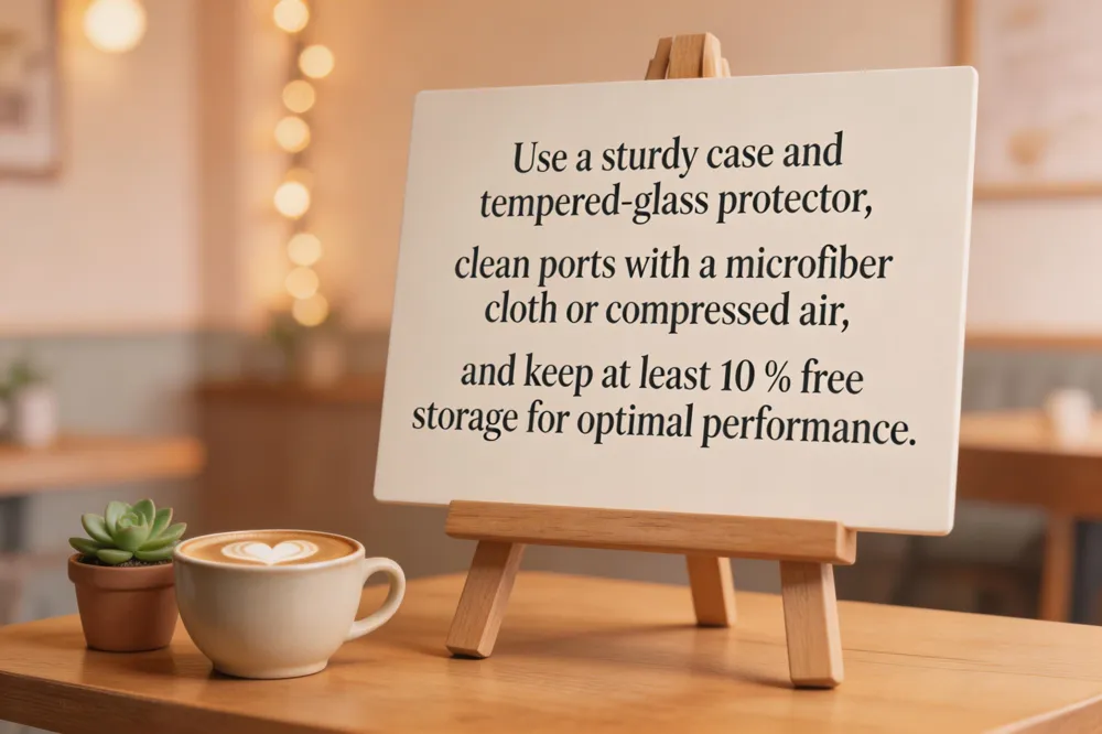 Use a sturdy case and tempered‑glass protector, clean ports with a microfiber cloth or compressed air, and keep at least 10 % free storage for optimal performance.