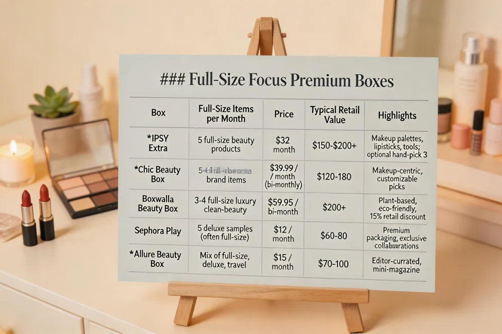 ### Full‑Size Focus Premium Boxes
| Box | Full‑Size Items per Month | Price | Typical Retail Value | Highlights |
|---|---|---|---|---|
| IPSY Extra | 5 full‑size beauty products | $32 / month | $150‑$200+ | Makeup palettes, lipsticks, tools; optional hand‑pick 3 |
| Chic Beauty Box | 5‑6 full‑size brand items | $39.99 / month (bi‑monthly) | $120‑$180 | Makeup‑centric, customizable picks |
| Boxwalla Beauty Box | 3‑4 full‑size luxury clean‑beauty | $59.95 / bi‑month | $200+ | Plant‑based, eco‑friendly, 15 % retail discount |
| Sephora Play | 5 deluxe samples (often full‑size) | $12 / month | $60‑$80 | Premium packaging, exclusive collaborations |
| Allure Beauty Box | Mix of full‑size, deluxe, travel | $15 / month | $70‑$100 | Editor‑curated, mini‑magazine |
