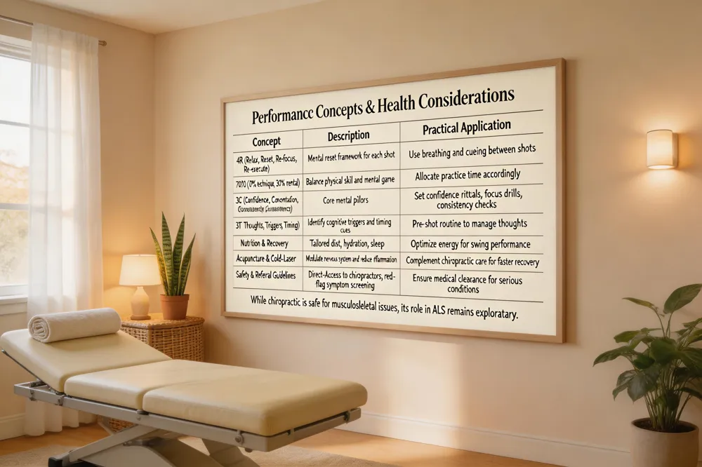 Performance Concepts & Health Considerations
| Concept | Description | Practical Application |
|---|---|---|
| 4R (Relax, Reset, Re‑focus, Re‑execute) | Mental reset framework for each shot | Use breathing and cueing between shots |
| 70/30 (70 % technique, 30 % mental) | Balance physical skill and mental game | Allocate practice time accordingly |
| 3C (Confidence, Concentration, Consistency) | Core mental pillars | Set confidence rituals, focus drills, consistency checks |
| 3T (Thoughts, Triggers, Timing) | Identify cognitive triggers and timing cues | Pre‑shot routine to manage thoughts |
| Nutrition & Recovery | Tailored diet, hydration, sleep | Optimize energy for swing performance |
| Acupuncture & Cold‑Laser | Modulate nervous system and reduce inflammation | Complement chiropractic care for faster recovery |
| Safety & Referral Guidelines | Direct‑Access to chiropractors; red‑flag symptom screening | Ensure medical clearance for serious conditions |
While chiropractic is safe for musculoskeletal issues, its role in ALS remains exploratory.