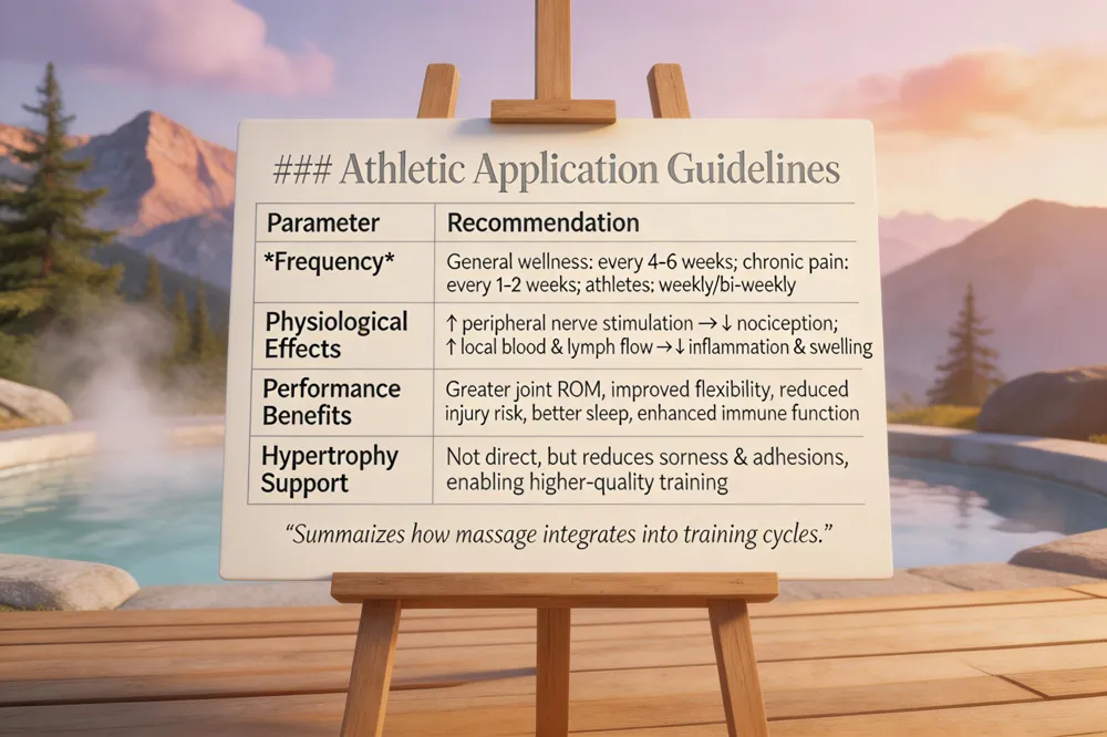 ### Athletic Application Guidelines
| Parameter | Recommendation |
|---|---|
| Frequency | General wellness: every 4‑6 weeks; chronic pain: every 1‑2 weeks; athletes: weekly or bi‑weekly |
| Physiological Effects | ↑ peripheral nerve stimulation → ↓ nociception; ↑ local blood & lymph flow → ↓ inflammation & swelling |
| Performance Benefits | Greater joint ROM, improved flexibility, reduced injury risk, better sleep, enhanced immune function |
| Hypertrophy Support | Not direct, but reduces soreness & adhesions, enabling higher‑quality training |
Summarizes how massage integrates into training cycles.