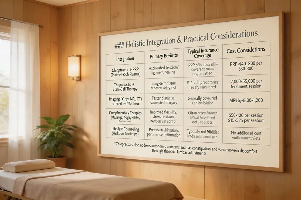 ### Holistic Integration & Practical Considerations
| Integration | Primary Benefits | Typical Insurance Coverage | Cost Considerations |
|---|---|---|---|
| Chiropractic + PRP (Platelet‑Rich Plasma) | Accelerated tendon/ligament healing, drug‑free regeneration | PRP often partially covered; chiropractic visits usually reimbursed | PRP $400‑$800 per injection; chiropractic $30‑$80 per visit |
| Chiropractic + Stem‑Cell Therapy | Long‑term tissue repair, reduced re‑injury risk | Stem‑cell procedures rarely covered; out‑of‑pocket | $2,000‑$5,000 per treatment session |
| Imaging (X‑ray, MRI, CT) ordered by PT/Chiro | Faster diagnosis, streamlined care pathway | Generally covered with medical‑necessity; can be billed to insurance | Varies by modality; MRI $600‑$1,200 |
| Complementary Therapies (Massage, Yoga, Pilates, Acupuncture) | Improved flexibility, stress reduction, neuromuscular control | Often covered under wellness benefits or out‑of‑pocket | $50‑$120 per session (massage); $15‑$25 per class (Yoga/Pilates) |
| Lifestyle Counseling (Hydration, Nutrition, Warm‑ups) | Preventative injury reduction, performance optimization | Typically not billable; included in treatment plan | No additional cost when integrated into visits |
Chiropractors also address autonomic concerns such as constipation and varicose‑vein discomfort through thoracic‑lumbar adjustments.