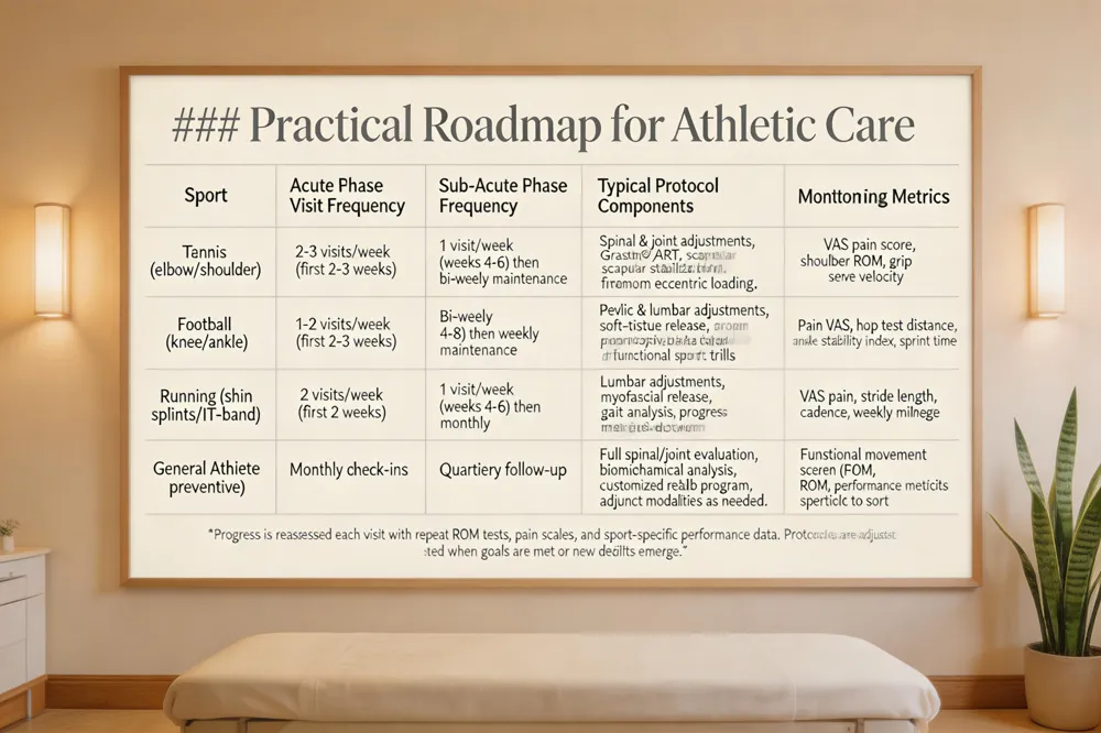 ### Practical Roadmap for Athletic Care
| Sport | Acute Phase Visit Frequency | Sub‑Acute Phase Frequency | Typical Protocol Components | Monitoring Metrics |
|---|---|---|---|---|
| Tennis (elbow/shoulder) | 2‑3 visits/week (first 2‑3 weeks) | 1 visit/week (weeks 4‑6) then bi‑weekly maintenance | Spinal & joint adjustments, Graston®/ART, scapular stabilization, forearm eccentric loading | VAS pain score, shoulder ROM, grip strength, serve velocity |
| Football (knee/ankle) | 1‑2 visits/week (first 2‑3 weeks) | Bi‑weekly (weeks 4‑8) then weekly maintenance | Pelvic & lumbar adjustments, soft‑tissue release, proprioceptive balance drills, functional sport drills | Pain VAS, hop test distance, ankle stability index, sprint time |
| Running (shin splints/IT‑band) | 2 visits/week (first 2 weeks) | 1 visit/week (weeks 3‑6) then monthly | Lumbar adjustments, myofascial release, gait analysis, progressive stride work | VAS pain, stride length, cadence, weekly mileage |
| General Athlete (preventive) | Monthly check‑ins | Quarterly follow‑up | Full spinal/joint evaluation, biomechanical analysis, customized rehab program, adjunct modalities as needed | Functional movement screen (FMS), ROM, performance metrics specific to sport |
Progress is reassessed each visit with repeat ROM tests, pain scales, and sport‑specific performance data. Protocols are adjusted when goals are met or new deficits emerge.