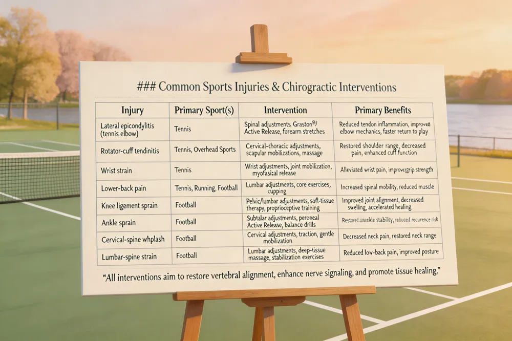 ### Common Sports Injuries & Chiropractic Interventions
| Injury | Primary Sport(s) | Typical Chiropractic Intervention | Primary Benefits |
|---|---|---|---|
| Lateral epicondylitis (tennis elbow) | Tennis | Spinal adjustments, Graston® or Active Release soft‑tissue work, forearm stretching | Reduced tendon inflammation, improved elbow mechanics, faster return to play |
| Rotator‑cuff tendinitis | Tennis, overhead sports | Cervical‑thoracic adjustments, scapular mobilizations, therapeutic massage | Restored shoulder range of motion, decreased pain, enhanced rotator‑cuff function |
| Wrist strain | Tennis | Wrist‑specific adjustments, joint mobilization, myofascial release | Alleviated wrist pain, improved grip strength |
| Lower‑back pain | Tennis, running, football | Lumbar adjustments, core stabilizing exercises, cupping | Increased spinal mobility, reduced muscle guarding |
| Knee ligament sprain | Football | Pelvic and lumbar adjustments, soft‑tissue therapy, proprioceptive training | Improved joint alignment, decreased swelling, accelerated healing |
| Ankle sprain | Football | Subtalar adjustments, active release of peroneal muscles, balance drills | Restored ankle stability, reduced recurrence risk |
| Cervical‑spine whiplash | Football | Cervical spine adjustments, cervical traction, gentle mobilization | Decreased neck pain, restored neck range of motion |
| Lumbar‑spine strain | Football | Lumbar adjustments, deep‑tissue massage, lumbar stabilization exercises | Reduced low‑back pain, improved posture |
All interventions aim to restore vertebral alignment, enhance nerve signaling, and promote tissue healing.