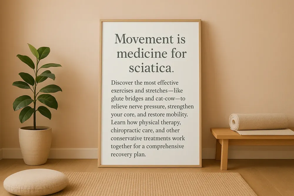Movement is medicine for sciatica. Discover the most effective exercises and stretches—like glute bridges and cat-cow—to relieve nerve pressure, strengthen your core, and restore mobility. Learn how physical therapy, chiropractic care, and other conservative treatments work together for a comprehensive recovery plan.