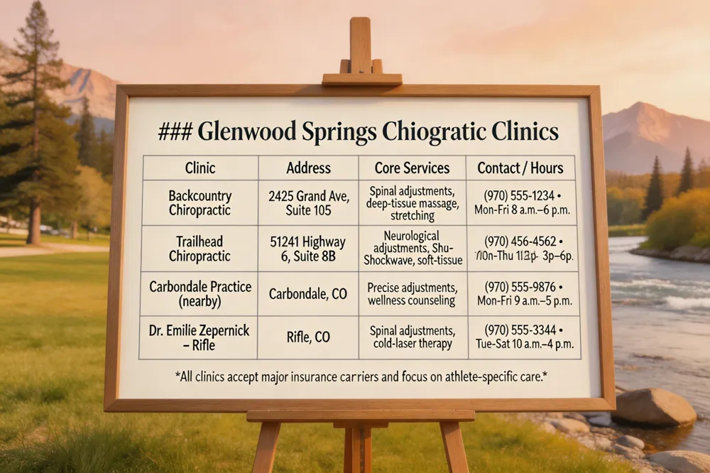 ### Glenwood Springs Chiropractic Clinics
| Clinic | Address | Core Services | Contact / Hours |
|---|---|---|---|
| Backcountry Chiropractic | 2425 Grand Ave, Suite 105 | Spinal adjustments, deep‑tissue massage, stretching, rehabilitative exercises | (970) 555‑1234 • Mon‑Fri 8 a.m.–6 p.m. |
| Trailhead Chiropractic | 51241 Highway 6, Suite 8B | Neurologically‑based adjustments, soft‑tissue therapies, Shockwave acoustic wave, active‑recovery plans | (970) 456‑4562 • Mon‑Thu 10 a.m.–12 p.m. & 3 p.m.–6 p.m. |
| Carbondale Practice (nearby) | Carbondale, CO | Precise adjustments, therapeutic exercises, wellness counseling | (970) 555‑9876 • Mon‑Fri 9 a.m.–5 p.m. |
| Dr. Emilie Zepernick – Rifle | Rifle, CO | Spinal adjustments, cold‑laser therapy, Activator Method | (970) 555‑3344 • Tue‑Sat 10 a.m.–4 p.m. |
All clinics accept major insurance carriers and focus on athlete‑specific care.
