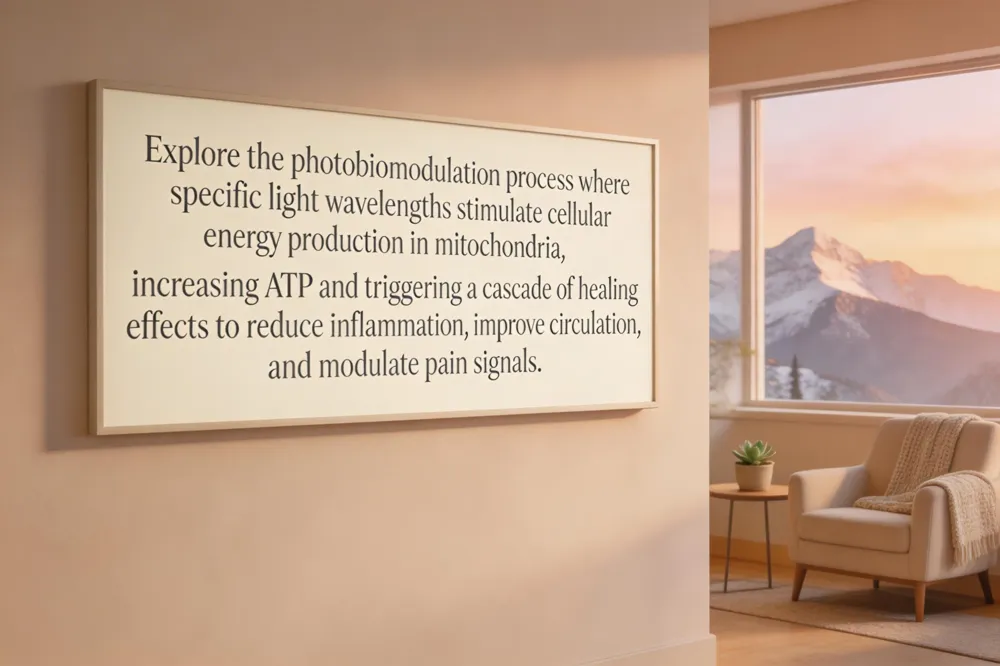 Explore the photobiomodulation process where specific light wavelengths stimulate cellular energy production in mitochondria, increasing ATP and triggering a cascade of healing effects to reduce inflammation, improve circulation, and modulate pain signals.