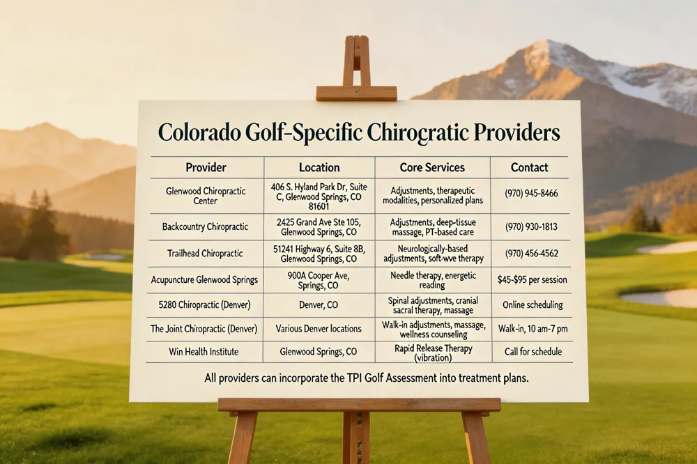 Colorado Golf‑Specific Chiropractic Providers
| Provider | Location | Core Services | Contact |
|---|---|---|---|
| Glenwood Chiropractic Center | 406 S. Hyland Park Dr., Suite C, Glenwood Springs, CO 81601 | Adjustments, therapeutic modalities, personalized plans | (970) 945‑8466 |
| Backcountry Chiropractic | 2425 Grand Ave Ste 105, Glenwood Springs, CO | Adjustments, deep‑tissue massage, PT‑based care | (970) 930‑1813 |
| Trailhead Chiropractic | 51241 Highway 6, Suite 8B, Glenwood Springs, CO | Neurologically‑based adjustments, soft‑wave therapy | (970) 456‑4562 |
| Acupuncture Glenwood Springs | 900A Cooper Ave, Glenwood Springs, CO | Needle therapy, energetic reading | $45‑$95 per session |
| 5280 Chiropractic (Denver) | Denver, CO | Spinal adjustments, cranial sacral therapy, massage | Online scheduling |
| The Joint Chiropractic (Denver) | Various Denver locations | Walk‑in adjustments, massage, wellness counseling | Walk‑in, 10 am‑7 pm |
| Win Health Institute | Glenwood Springs, CO | Rapid Release Therapy (vibration) | Call for schedule |
All providers can incorporate the TPI Golf Assessment into treatment plans.