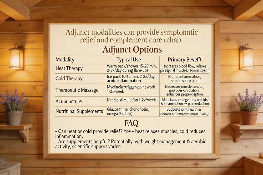 Adjunct modalities can provide symptomatic relief and complement core rehab.
Adjunct Options
| Modality | Typical Use | Primary Benefit |
|---|---|---|
| Heat Therapy | Warm pack/shower 15‑20 min, 2‑3×/day during flare‑ups | Increases blood flow, relaxes paraspinal muscles, reduces spasm |
| Cold Therapy | Ice pack 10‑15 min, 2‑3×/day during acute inflammation | Blunts inflammation, numbs sharp pain |
| Therapeutic Massage | Myofascial release, trigger‑point work 1‑2×/week | Decreases muscle tension, improves circulation, enhances proprioception |
| Acupuncture | Needle stimulation 1‑2×/week | Modulates endogenous opioids & inflammatory pathways → pain reduction |
| Nutritional Supplements | Glucosamine, chondroitin, omega‑3 fatty acids (daily) | May support joint health & reduce stiffness (evidence mixed) |
FAQ
- Can heat or cold provide relief? Yes – heat relaxes muscles, cold reduces inflammation.
- Are supplements helpful? Potentially, especially when combined with weight management and aerobic activity, though scientific support varies.