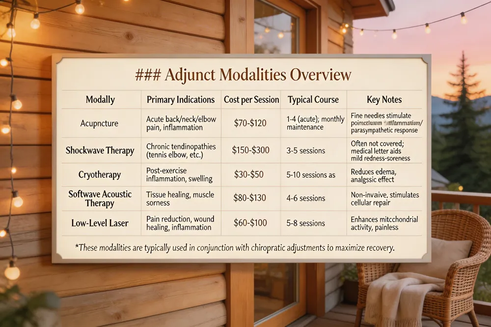 ### Adjunct Modalities Overview
| Modality | Primary Indications | Typical Cost per Session | Typical Course (sessions) | Key Notes |
|---|---|---|---|---|
| Acupuncture | Acute back/neck/elbow pain, inflammation control | $70‑$120 | 1‑4 sessions for acute issues; monthly for maintenance | Fine needles stimulate points to modulate inflammation and promote parasympathetic response |
| Shockwave Therapy (Extracorporeal) | Chronic tendinopathies (tennis elbow, rotator‑cuff, plantar fasciitis, Achilles), stubborn hip/back pain | $150‑$300 | 3‑5 sessions | Often not covered; medical‑necessity letter may aid reimbursement; mild side effects (redness, soreness) |
| Cryotherapy (Cold‑induced inflammation control) | Post‑exercise inflammation, acute swelling | $30‑$50 per session | 5‑10 sessions as needed | Rapid reduction of edema, analgesic effect |
| Softwave Acoustic Therapy (Low‑energy) | Tissue healing, muscle soreness | $80‑$130 | 4‑6 sessions | Non‑invasive, stimulates cellular repair |
| Low‑Level Laser (Photobiomodulation) | Pain reduction, wound healing, inflammation | $60‑$100 | 5‑8 sessions | Enhances mitochondrial activity, painless |
These modalities are typically used in conjunction with chiropractic adjustments to maximize recovery.