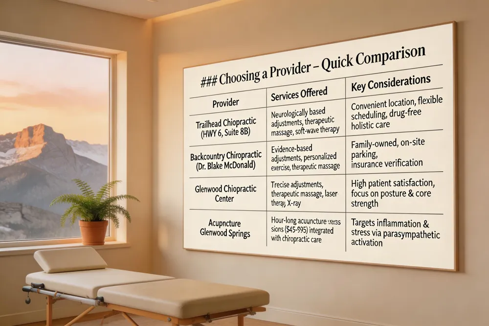 ### Choosing a Provider – Quick Comparison
| Provider | Services Offered | Key Considerations |
|---|---|---|
| Trailhead Chiropractic (HWY 6, Suite 8B) | Neurologically based adjustments, therapeutic massage, soft‑wave therapy | Convenient location, flexible scheduling, drug‑free holistic care |
| Backcountry Chiropractic (Dr. Blake McDonald) | Evidence‑based adjustments, personalized exercise, therapeutic massage | Family‑owned, on‑site parking, insurance verification |
| Glenwood Chiropractic Center | Precise adjustments, therapeutic massage, laser therapy, X‑ray | High patient satisfaction, focus on posture & core strength |
| Acupuncture Glenwood Springs | Hour‑long acupuncture sessions ($45‑$95) integrated with chiropractic care | Targets inflammation & stress via parasympathetic activation |
| 