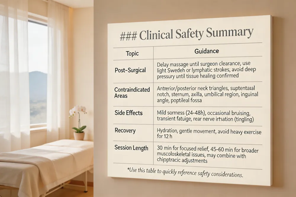 ### Clinical Safety Summary
| Topic | Guidance |
|---|---|
| Post‑Surgical | Delay massage until surgeon clearance; use light Swedish or lymphatic strokes; avoid deep pressure until tissue healing confirmed |
| Contraindicated Areas | Anterior/posterior neck triangles, suprasternal notch, sternum, axilla, umbilical region, inguinal angle, popliteal fossa |
| Side Effects | Mild soreness (24‑48 h), occasional bruising, transient fatigue; rare nerve irritation (tingling) |
| Recovery | Hydration, gentle movement, avoid heavy exercise for 12 h |
| Session Length | 30 min for focused relief; 45‑60 min for broader musculoskeletal issues; may combine with chiropractic adjustments |
Use this table to quickly reference safety considerations.