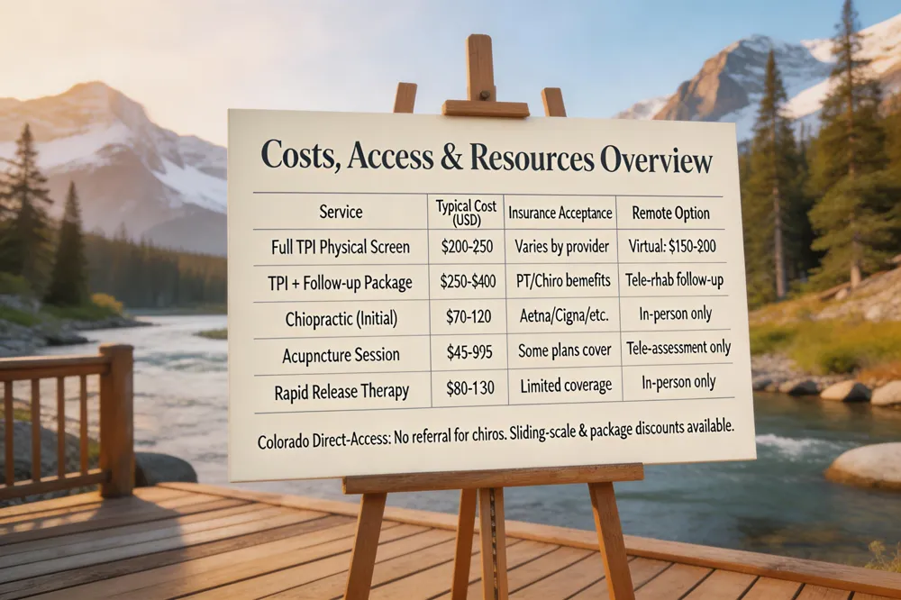 Costs, Access & Resources Overview
| Service | Typical Cost (USD) | Insurance Acceptance | Remote Option |
|---|---|---|---|
| Full TPI Physical Screen | $200‑$250 | Varies by provider | Virtual video assessment $150‑$200 |
| TPI + Follow‑up Conditioning Package | $250‑$400 | Often covered under PT/Chiro benefits | Yes, tele‑rehab follow‑up |
| Chiropractic Adjustment (initial) | $70‑$120 | Major plans accepted (Aetna, Cigna, etc.) | In‑person only |
| Acupuncture Session | $45‑$95 | Some plans cover | Tele‑consultation for assessment only |
| Rapid Release Therapy | $80‑$130 | Limited coverage | In‑person only |
Colorado’s Direct‑Access law allows patients to see chiropractors without a physician referral, and many providers offer sliding‑scale fees or package discounts.