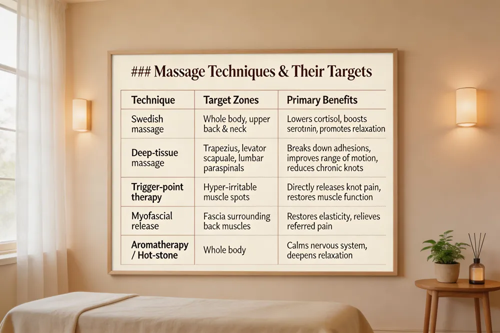 ### Massage Techniques & Their Targets
| Technique | Target Zones | Primary Benefits |
|---|---|---|
| Swedish massage | Whole body, especially upper back & neck | Lowers cortisol, boosts serotonin, promotes relaxation |
| Deep‑tissue massage | Trapezius, levator scapulae, suboccipital, lumbar paraspinals | Breaks down adhesions, improves range of motion, reduces chronic knots |
| Trigger‑point therapy | Hyper‑irritable spots within the above muscles | Directly releases knot pain, restores muscle function |
| Myofascial release | Fascia surrounding trapezius, levator scapulae, suboccipital, lumbar area | Restores elasticity, relieves referred pain |
| Aromatherapy / Hot‑stone adjunct | Whole body (optional) | Further calms parasympathetic nervous system, deepens relaxation |
| 