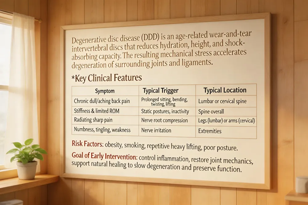 Degenerative disc disease (DDD) is an age‑related wear‑and‑tear of intervertebral discs that reduces hydration, height, and shock‑absorbing capacity. The resulting mechanical stress accelerates degeneration of surrounding joints and ligaments.
Key Clinical Features
| Symptom | Typical Trigger | Typical Location |
|---|---|---|
| Chronic dull/aching back pain | Prolonged sitting, bending, twisting, lifting | Lumbar or cervical spine |
| Stiffness & limited ROM | Static postures, inactivity | Spine overall |
| Radiating sharp pain | Nerve root compression | Legs (lumbar) or arms (cervical) |
| Numbness, tingling, weakness | Nerve irritation | Extremities |
Risk Factors: obesity, smoking, repetitive heavy lifting, poor posture.
Goal of Early Intervention: control inflammation, restore joint mechanics, support natural healing to slow degeneration and preserve function.