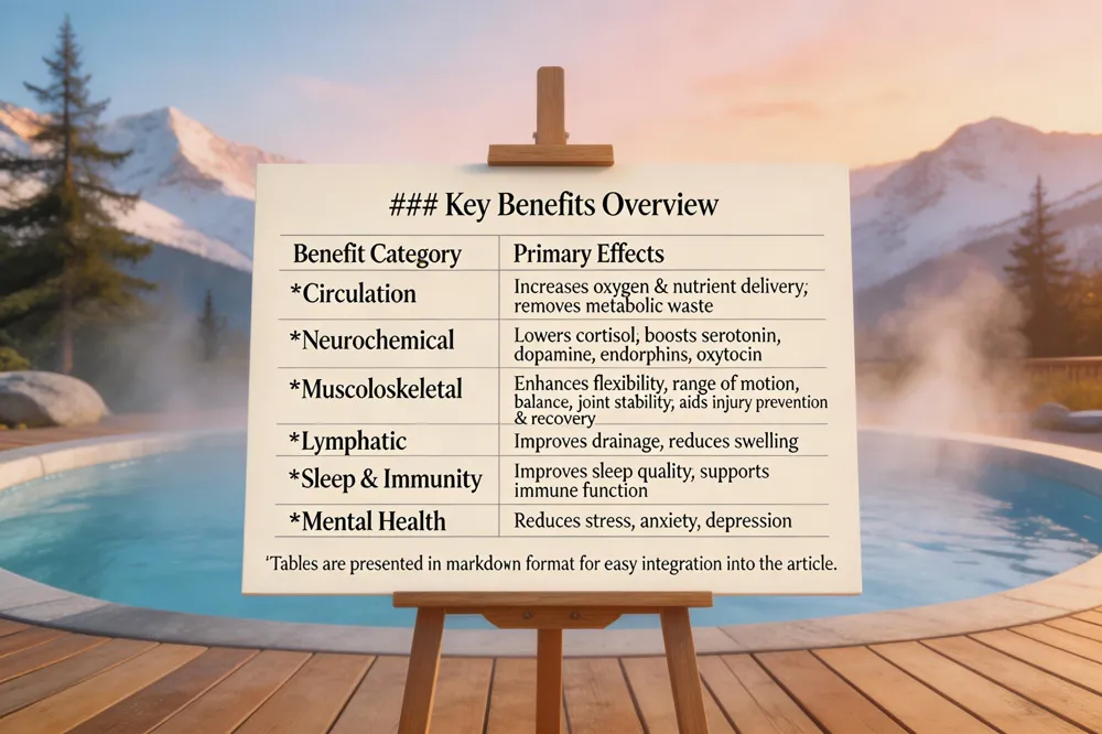 ### Key Benefits Overview
| Benefit Category | Primary Effects |
|---|---|
| Circulation | Increases oxygen & nutrient delivery; removes metabolic waste (e.g., lactic acid) |
| Neurochemical | Lowers cortisol; boosts serotonin, dopamine, endorphins, oxytocin |
| Musculoskeletal | Enhances flexibility, range of motion, balance, joint stability; aids injury prevention & recovery |
| Lymphatic | Improves drainage, reduces swelling |
| Sleep & Immunity | Improves sleep quality; supports immune function |
| Mental Health | Reduces stress, anxiety, depression |
Tables are presented in markdown format for easy integration into the article.