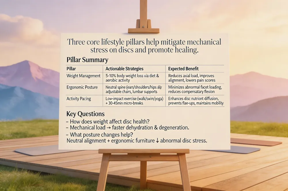 Three core lifestyle pillars help mitigate mechanical stress on discs and promote healing.
Pillar Summary
| Pillar | Actionable Strategies | Expected Benefit |
|---|---|---|
| Weight Management | Achieve modest weight loss (5‑10 % body weight) via diet & aerobic activity | Reduces axial load, improves alignment, lowers pain scores |
| Ergonomic Posture | Neutral spine (shoulders back, ears over shoulders, hips over knees); use adjustable chairs, lumbar supports, eye‑level monitor | Minimizes abnormal facet loading, reduces compensatory flexion |
| Activity Pacing | Low‑impact aerobic exercise (walking, swimming, yoga) + micro‑breaks every 30‑45 min | Enhances disc nutrient diffusion, prevents flare‑ups, maintains mobility |
Key Questions
- How does weight affect disc health? ↑ Mechanical load → faster dehydration & degeneration.
- What posture changes help? Neutral alignment + ergonomic furniture ↓ abnormal disc stress.