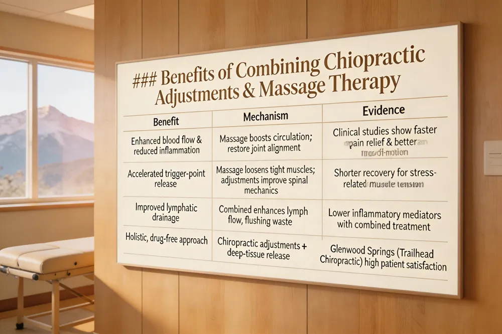 ### Benefits of Combining Chiropractic Adjustments & Massage Therapy
| Benefit | Mechanism | Evidence |
|---|---|---|
| Enhanced blood flow & reduced inflammation | Massage boosts local circulation; adjustments restore joint alignment, decreasing nerve irritation | Clinical studies show faster pain relief and greater range‑of‑motion gains when both are used together |
| Accelerated trigger‑point release | Massage loosens tight muscle fibers; adjustments improve spinal mechanics | Integrated care shortens recovery time for stress‑related muscle tension |
| Improved lymphatic drainage | Combined modality enhances lymph flow, flushing metabolic waste | Research indicates lower inflammatory mediators with combined treatment |
| Holistic, drug‑free approach | Neurologically based adjustments + deep‑tissue/mofascial release | Glenwood Springs clinics (e.g., Trailhead Chiropractic) report high patient satisfaction |
| 