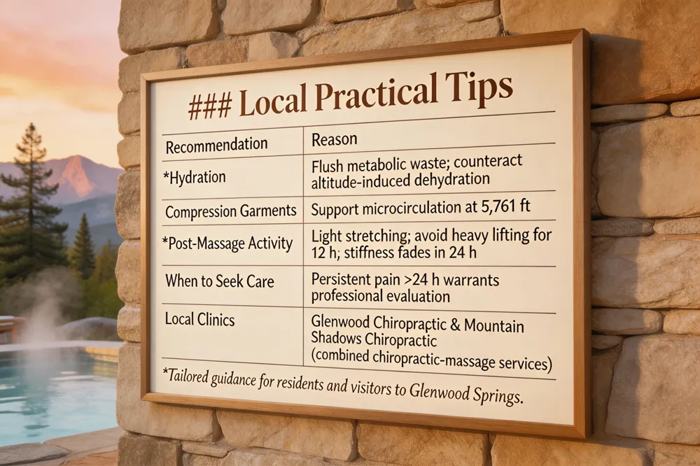 ### Local Practical Tips
| Recommendation | Reason |
|---|---|
| Hydration | Flush metabolic waste; counteract altitude‑induced dehydration |
| Compression Garments | Support microcirculation at 5,761 ft altitude |
| Post‑Massage Activity | Light stretching; avoid heavy lifting for 12 h; normal stiffness fades within 24 h |
| When to Seek Care | Persistent pain > 24 h warrants professional evaluation |
| Local Clinics | Glenwood Chiropractic & Mountain Shadows Chiropractic offer combined chiropractic‑massage services |
Tailored guidance for residents and visitors to Glenwood Springs.