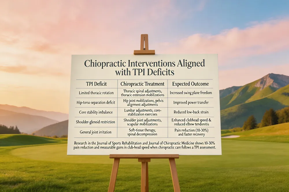 Chiropractic Interventions Aligned with TPI Deficits
| TPI Deficit | Chiropractic Treatment | Expected Outcome |
|---|---|---|
| Limited thoracic rotation | Thoracic spinal adjustments, thoracic extension mobilizations | Increased swing plane freedom |
| Hip‑torso separation deficit | Hip joint mobilizations, pelvis alignment adjustments | Improved power transfer |
| Core stability imbalance | Lumbar adjustments, core‑stabilization exercises | Reduced low‑back strain |
| Shoulder‑glenoid restriction | Shoulder joint adjustments, scapular mobilizations | Enhanced clubhead speed & reduced elbow tendonitis |
| General joint irritation | Soft‑tissue therapy, spinal decompression | Pain reduction (10‑30%) and faster recovery |
Research in the Journal of Sports Rehabilitation and Journal of Chiropractic Medicine shows 10‑30% pain reduction and measurable gains in club‑head speed when chiropractic care follows a TPI assessment.