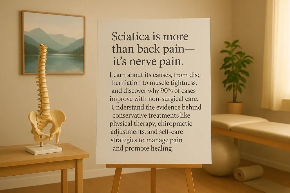 Sciatica is more than back pain—it's nerve pain. Learn about its causes, from disc herniation to muscle tightness, and discover why 90% of cases improve with non-surgical care. Understand the evidence behind conservative treatments like physical therapy, chiropractic adjustments, and self-care strategies to manage pain and promote healing.
