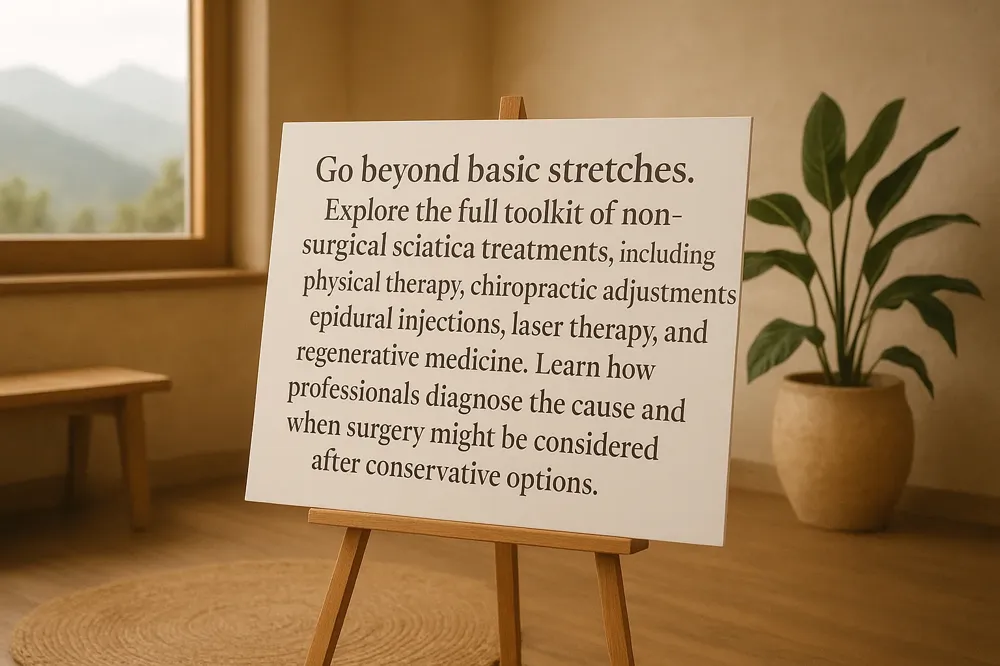 Go beyond basic stretches. Explore the full toolkit of non-surgical sciatica treatments, including physical therapy, chiropractic adjustments, epidural injections, laser therapy, and regenerative medicine. Learn how professionals diagnose the cause and when surgery might be considered after conservative options.