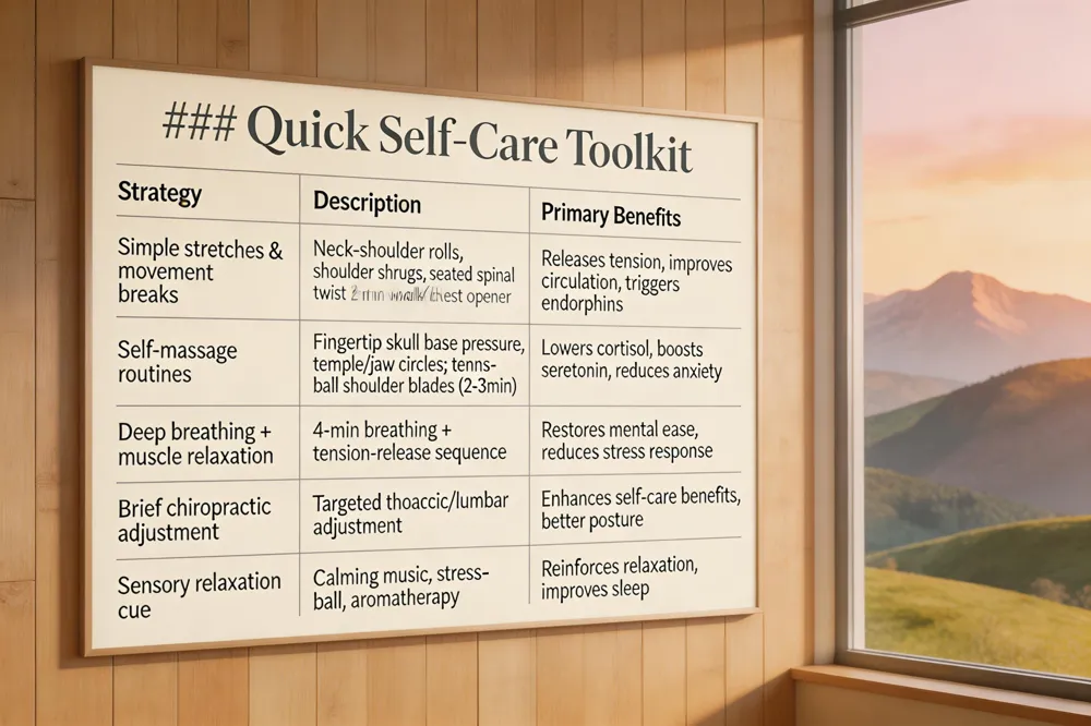 ### Quick Self‑Care Toolkit
| Strategy | Description | Primary Benefits |
|---|---|---|
| Simple stretches & movement breaks | Neck‑shoulder rolls, shoulder shrugs, seated spinal twist every hour; 2‑minute walk or doorway chest opener | Releases tension, improves circulation, triggers endorphin release |
| Self‑massage routines | Fingertip pressure at base of skull moving up trapezius; temple & jaw circles; tennis‑ball between shoulder blades (2‑3 min) | Lowers cortisol, boosts serotonin, reduces anxiety |
| Deep breathing + progressive muscle relaxation | 4‑minute breathing + muscle tension‑release sequence | Restores mental ease, reduces physiological stress response |
| Brief chiropractic adjustment (if available) | Targeted thoracic or lumbar adjustment to unload spinal tightness | Enhances benefits of other self‑care actions, promotes better posture |
| Sensory cue for lock‑in relaxation | Calming music, stress‑ball squeeze, aromatherapy | Reinforces relaxation state, improves sleep quality |
| 