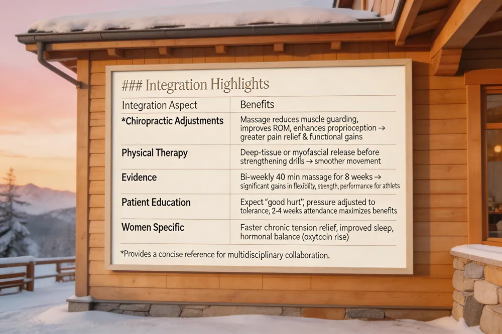 ### Integration Highlights
| Integration Aspect | Benefits |
|---|---|
| Chiropractic Adjustments | Massage reduces muscle guarding, improves ROM, enhances proprioception → greater pain relief & functional gains |
| Physical Therapy | Deep‑tissue or myofascial release before strengthening drills → smoother movement, fewer compensations |
| Evidence | Bi‑weekly 40 min massage for 8 weeks → significant gains in flexibility, strength, performance for team/strength athletes |
| Patient Education | Expect “good hurt”; pressure adjusted to tolerance; consistent attendance (2‑4 weeks) maximizes benefits |
| Women Specific | Faster chronic tension relief, improved sleep, hormonal balance (oxytocin rise) |
Provides a concise reference for multidisciplinary collaboration.