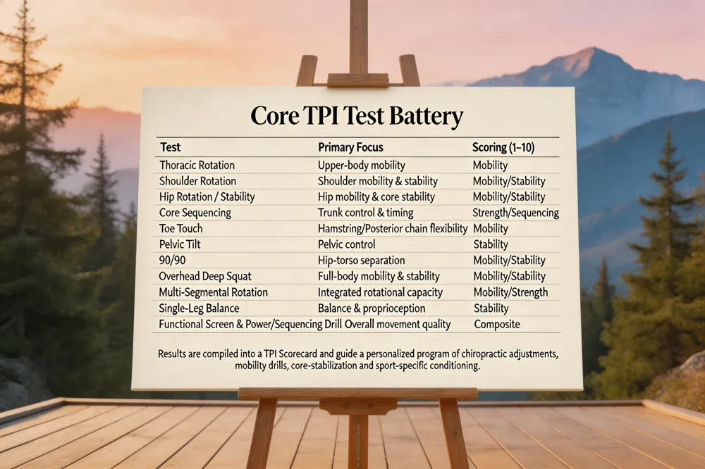 Core TPI Test Battery
| Test | Primary Focus | Scoring (1‑10) |
|---|---|---|
| Thoracic Rotation | Upper‑body mobility | Mobility |
| Shoulder Rotation | Shoulder mobility & stability | Mobility/Stability |
| Hip Rotation / Stability | Hip mobility & core stability | Mobility/Stability |
| Core Sequencing | Trunk control & timing | Strength/Sequencing |
| Toe Touch | Hamstring/Posterior chain flexibility | Mobility |
| Pelvic Tilt | Pelvic control | Stability |
| 90/90 | Hip‑torso separation | Mobility/Stability |
| Overhead Deep Squat | Full‑body mobility & stability | Mobility/Stability |
| Multi‑Segmental Rotation | Integrated rotational capacity | Mobility/Strength |
| Single‑Leg Balance | Balance & proprioception | Stability |
| Functional Screen & Power/Sequencing Drill | Overall movement quality | Composite |
Results are compiled into a TPI Scorecard and guide a personalized program of chiropractic adjustments, mobility drills, core‑stabilization and sport‑specific conditioning.