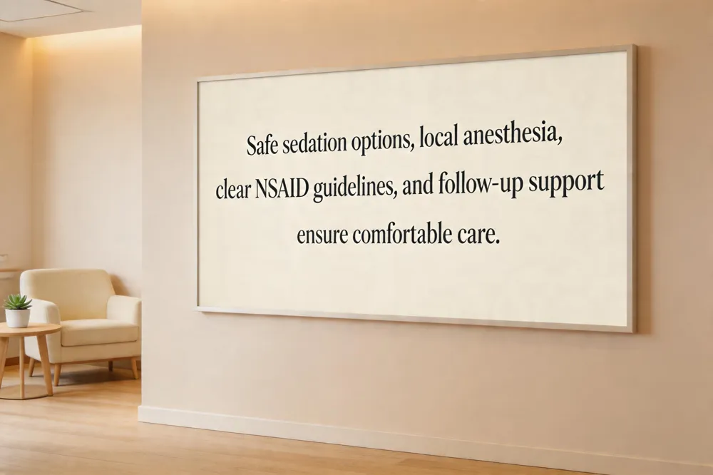 Safe sedation options, local anesthesia, clear NSAID guidelines, and follow‑up support ensure comfortable care.