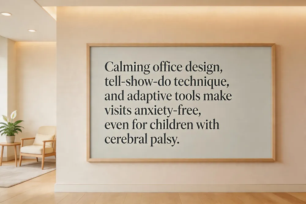 Calming office design, tell‑show‑do technique, and adaptive tools make visits anxiety‑free, even for children with cerebral palsy.
