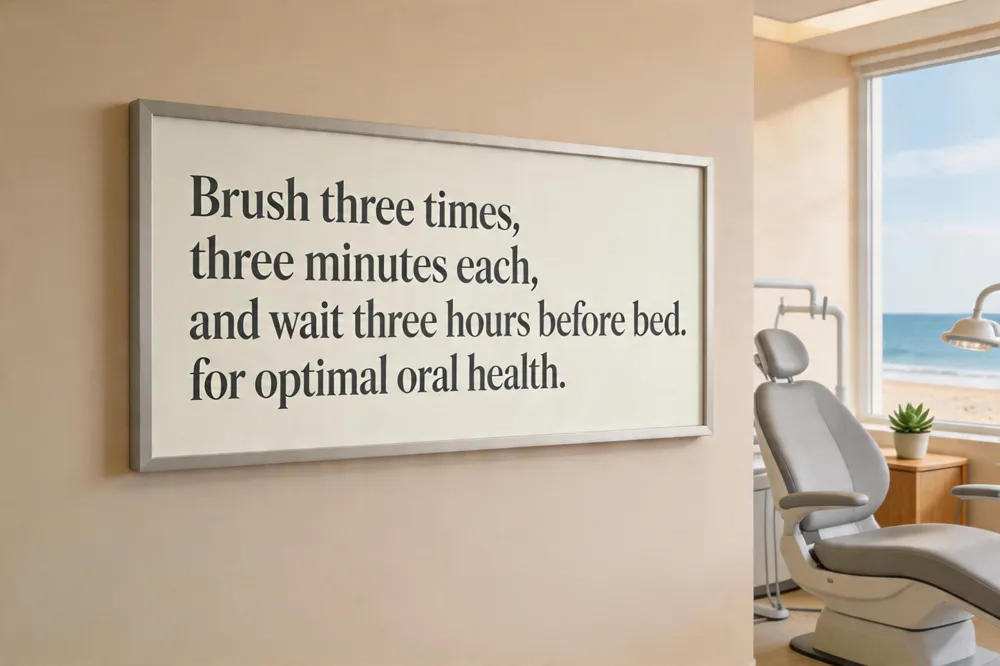 Brush three times, three minutes each, and wait three hours before bed for optimal oral health.