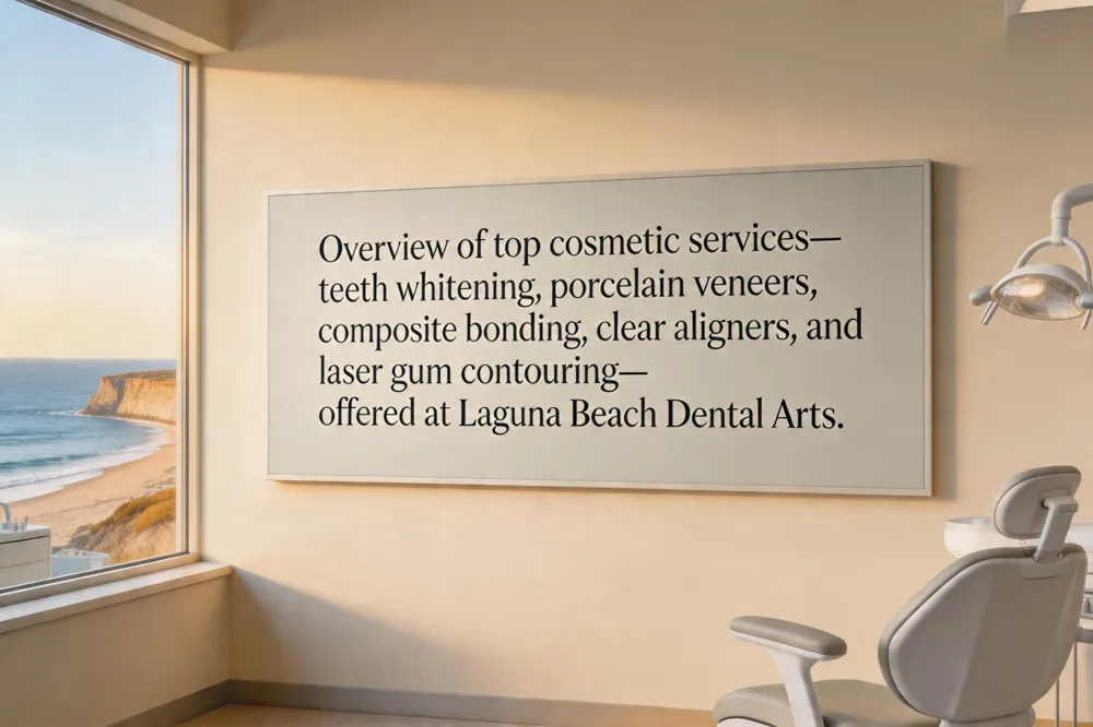 Overview of top cosmetic services—teeth whitening, porcelain veneers, composite bonding, clear aligners, and laser gum contouring—offered at Laguna Beach Dental Arts.