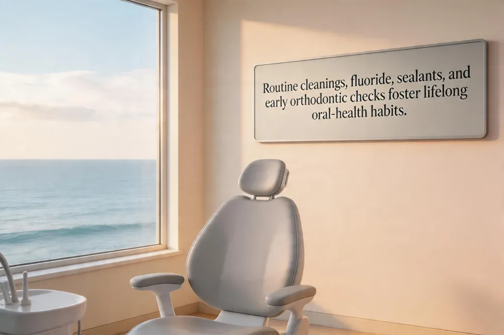 Routine cleanings, fluoride, sealants, and early orthodontic checks foster lifelong oral‑health habits.