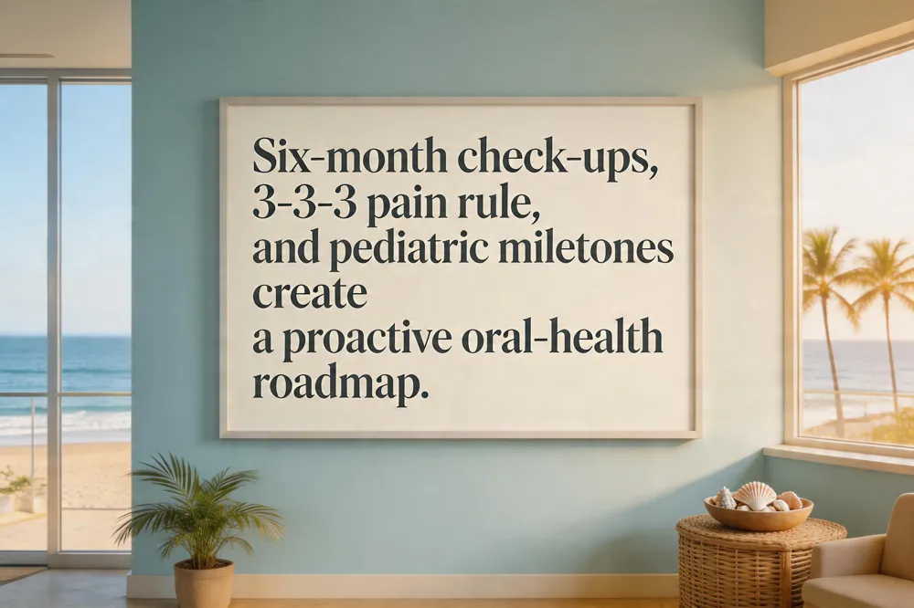 Six‑month check‑ups, 3‑3‑3 pain rule, and pediatric milestones create a proactive oral‑health roadmap.