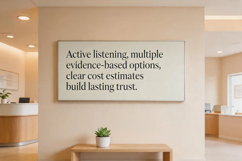 Active listening, multiple evidence‑based options, clear cost estimates build lasting trust.