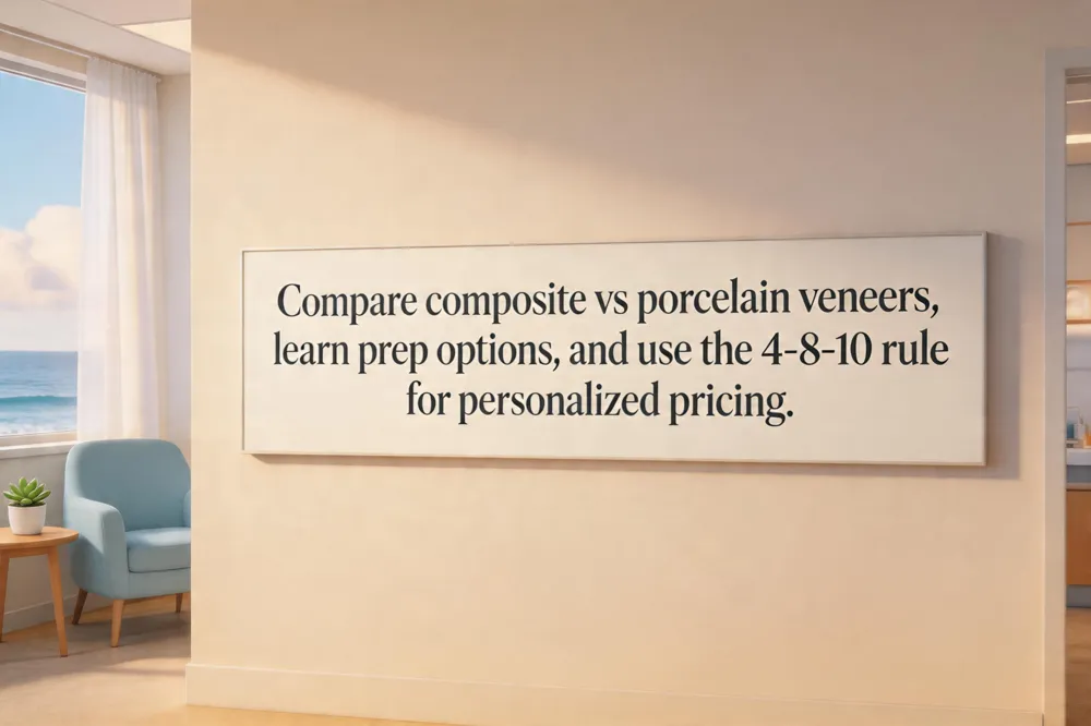Compare composite vs porcelain veneers, learn prep options, and use the 4‑8‑10 rule for personalized pricing.