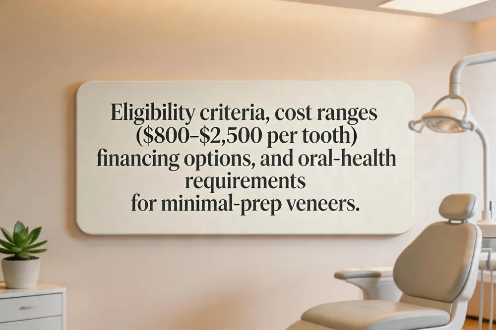 Eligibility criteria, cost ranges ($800‑$2,500 per tooth), financing options, and oral‑health requirements for minimal‑prep veneers.