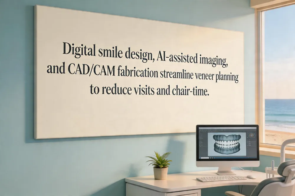 Digital smile design, AI‑assisted imaging, and CAD/CAM fabrication streamline veneer planning to reduce visits and chair‑time.