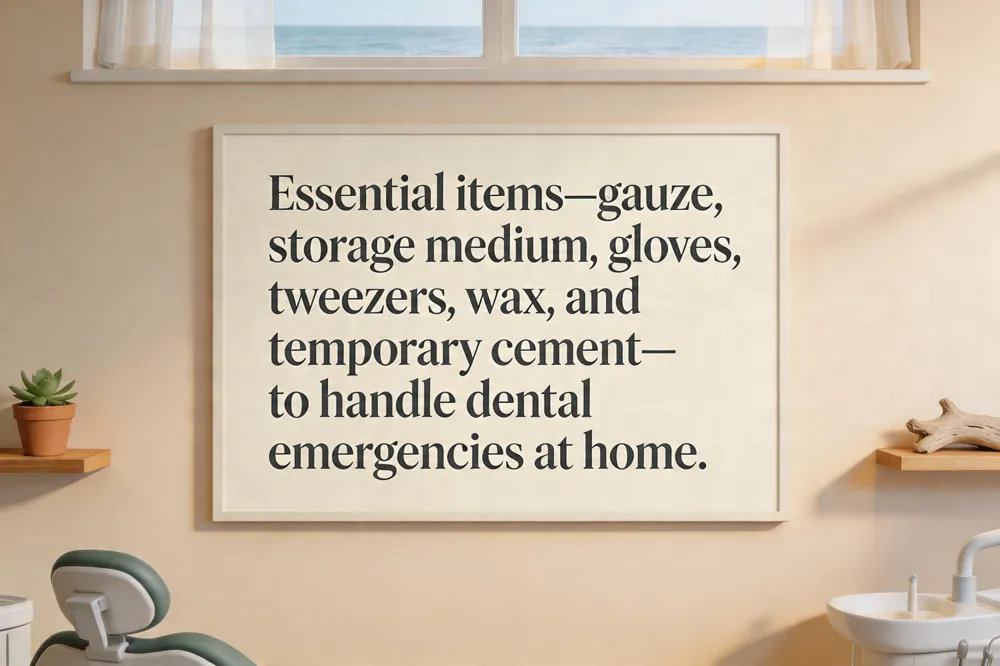 Essential items—gauze, storage medium, gloves, tweezers, wax, and temporary cement—to handle dental emergencies at home.