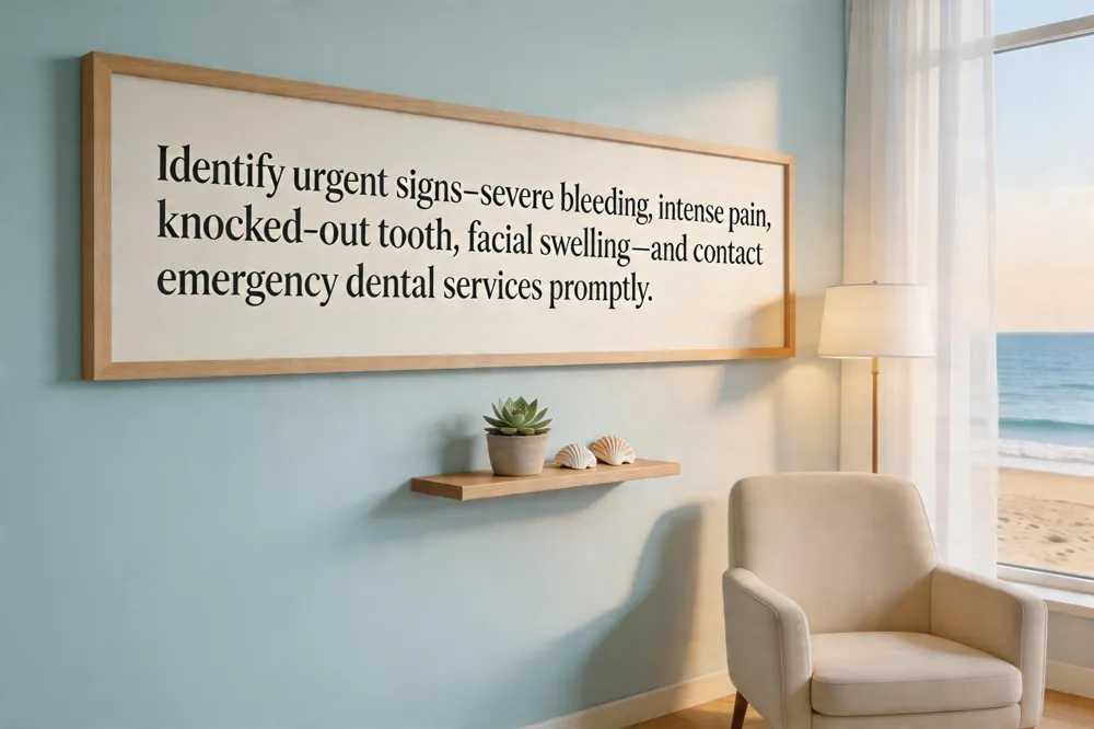 Identify urgent signs—severe bleeding, intense pain, knocked‑out tooth, facial swelling—and contact emergency dental services promptly.