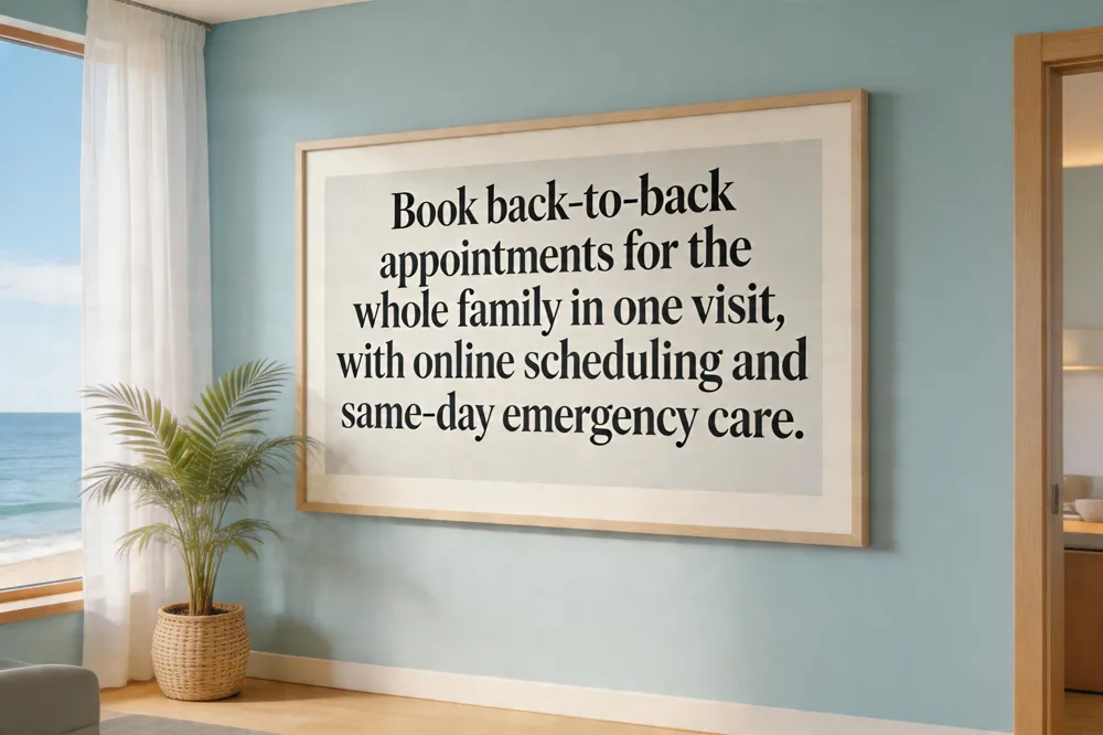 Book back‑to‑back appointments for the whole family in one visit, with online scheduling and same‑day emergency care.