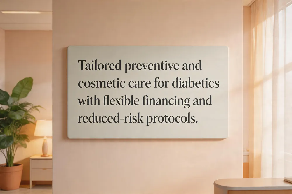 Tailored preventive and cosmetic care for diabetics with flexible financing and reduced‑risk protocols.