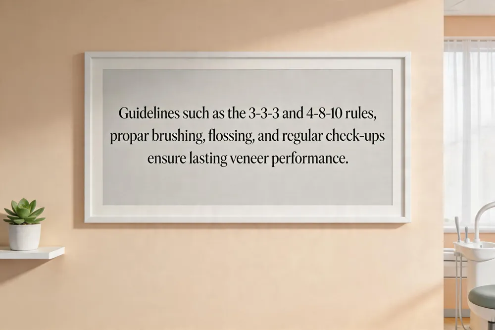 Guidelines such as the 3‑3‑3 and 4‑8‑10 rules, proper brushing, flossing, and regular check‑ups ensure lasting veneer performance.