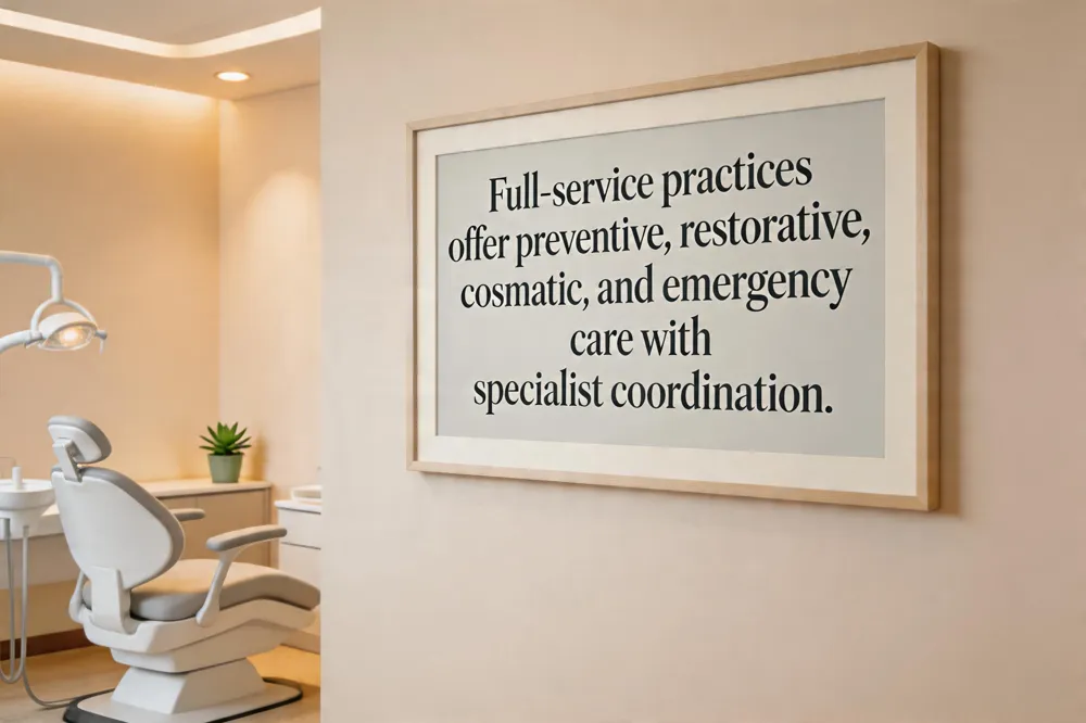 Full‑service practices offer preventive, restorative, cosmetic, and emergency care with specialist coordination.
