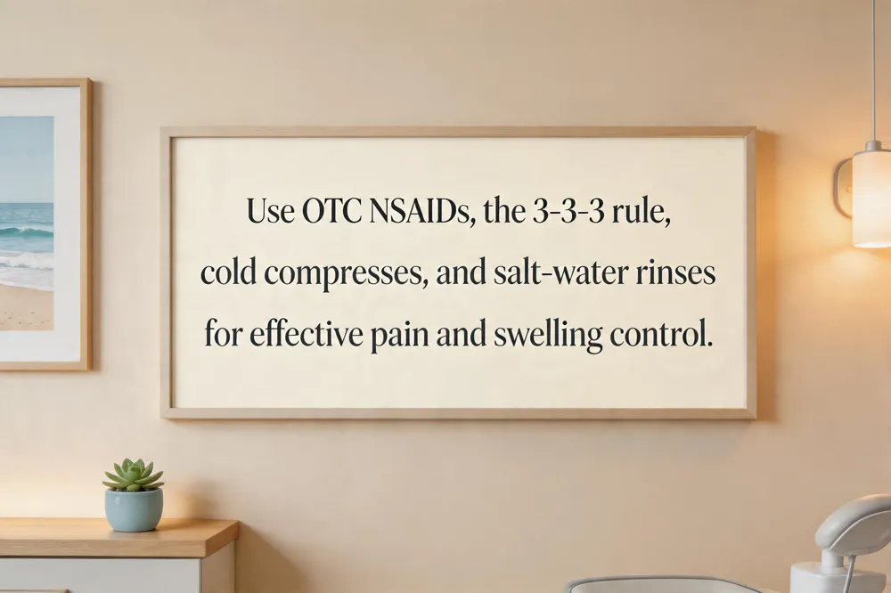 Use OTC NSAIDs, the 3‑3‑3 rule, cold compresses, and salt‑water rinses for effective pain and swelling control.