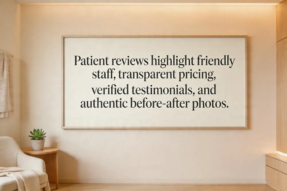 Patient reviews highlight friendly staff, transparent pricing, verified testimonials, and authentic before‑after photos.