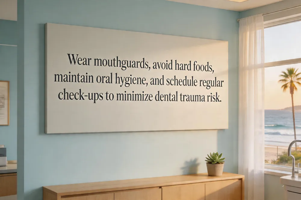 Wear mouthguards, avoid hard foods, maintain oral hygiene, and schedule regular check‑ups to minimize dental trauma risk.